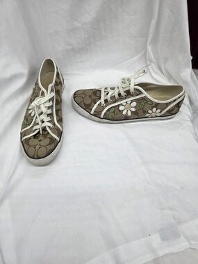 Coach Brown Canvas Logo Sneakers with White Floral Embroidery
